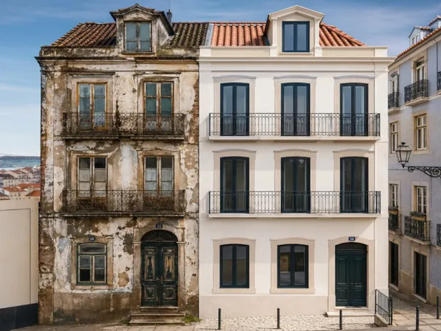 Fachada de edifício antes e depois da reabilitação